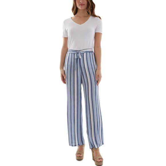 BCX Women's medium white blue striped wide leg palazzo high waisted pants NWT - Picture 1 of 15